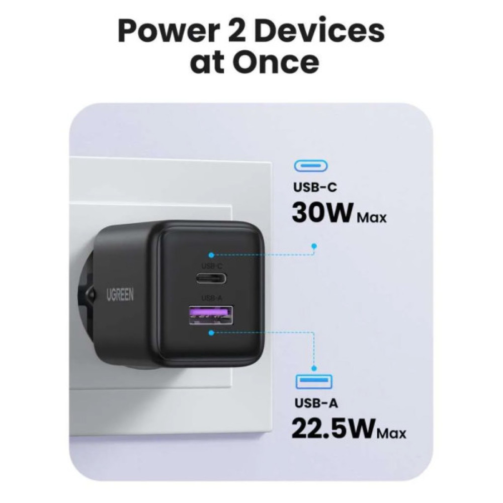 Зарядний пристрій Ugreen USB + USB-C GaN 30W X516 black (65014)