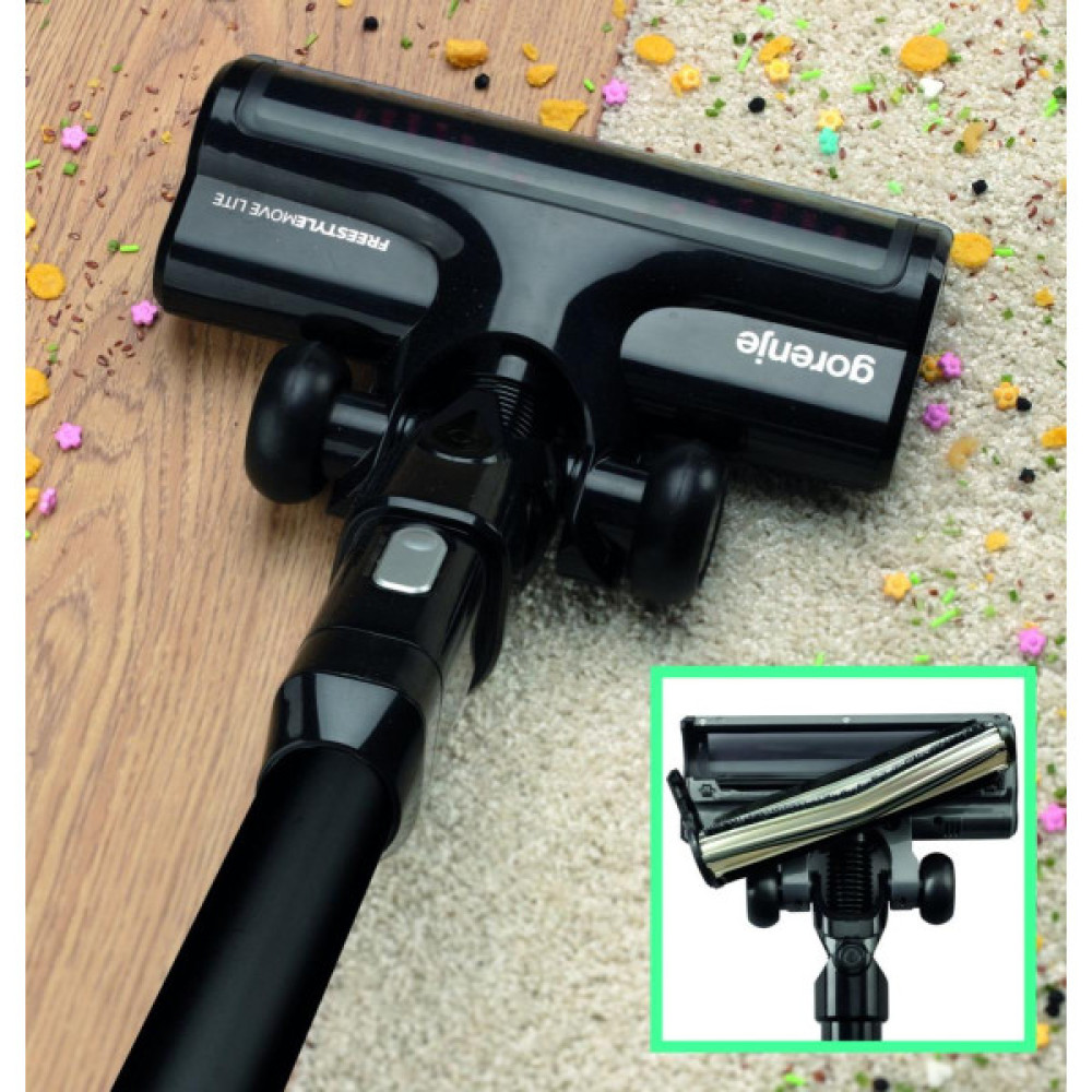 Пилосос Gorenje безпровідний, 121Вт, конт пил -0,5л, автон. робота до 45хв, вага-2,5кг, НЕРА, 2насадки, підсвічування, індикатор, чорний