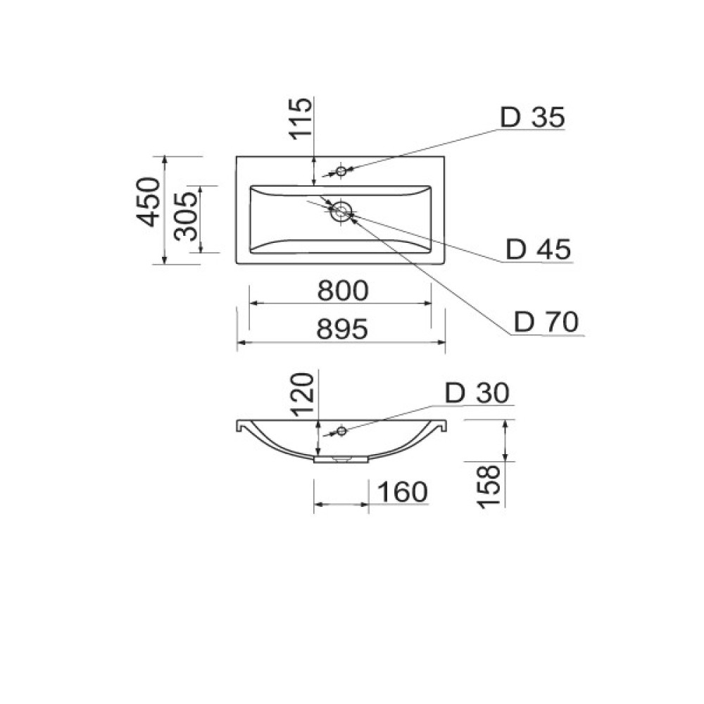 Раковина, умивальник Adamant CERS, штучний камінь, прямокут., з отвором для змішувача, з отвором для переливу, 895x450x158мм, накладний, білий