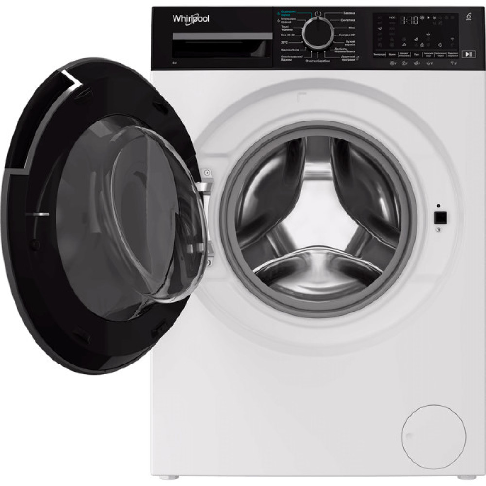 Пральна машина Whirlpool фронтальна, 8кг, 1400, C, 55см, дисплей, пара, інвертор, люк чорний, білий