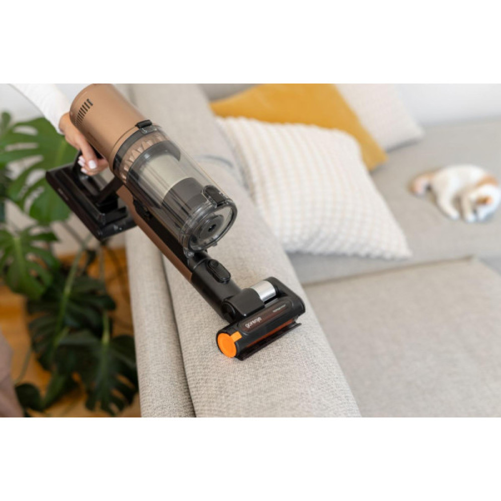 Пилосос Gorenje бездротовий, 125Вт, конт пил -0.6л, автон. робота до 60хв, HEPA, підсвічування, індикатор, турбощітка, бронзовий