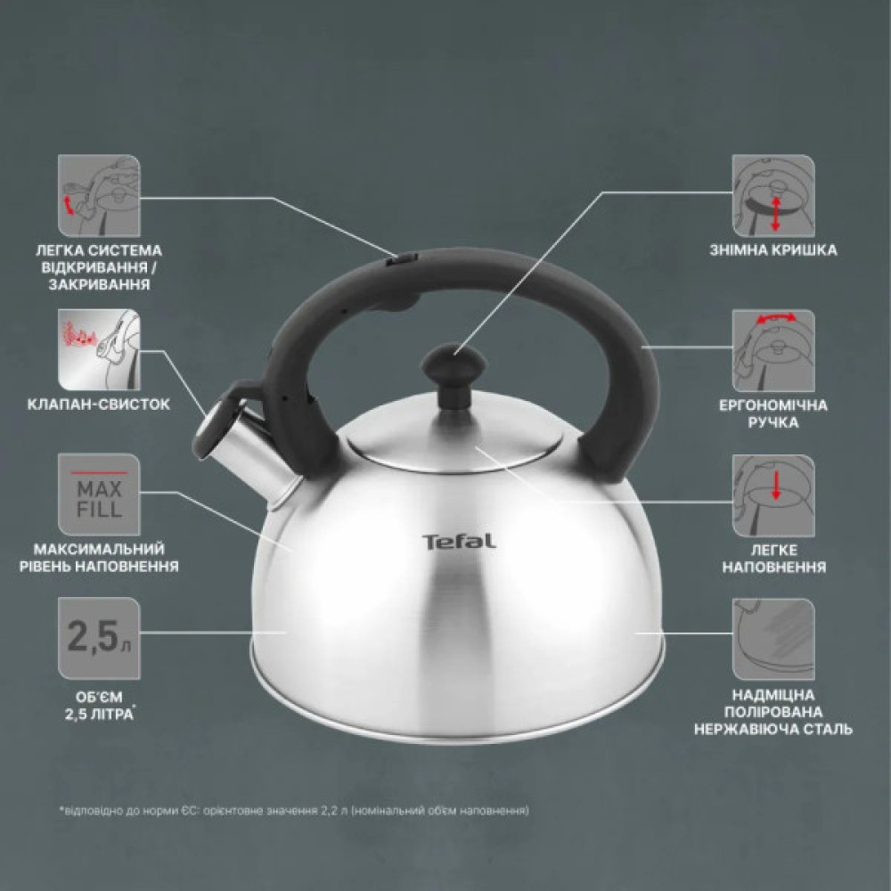 Чайник Tefal Duetto+ зі свистком 2.5 л чорний/сталевий (N4210310)