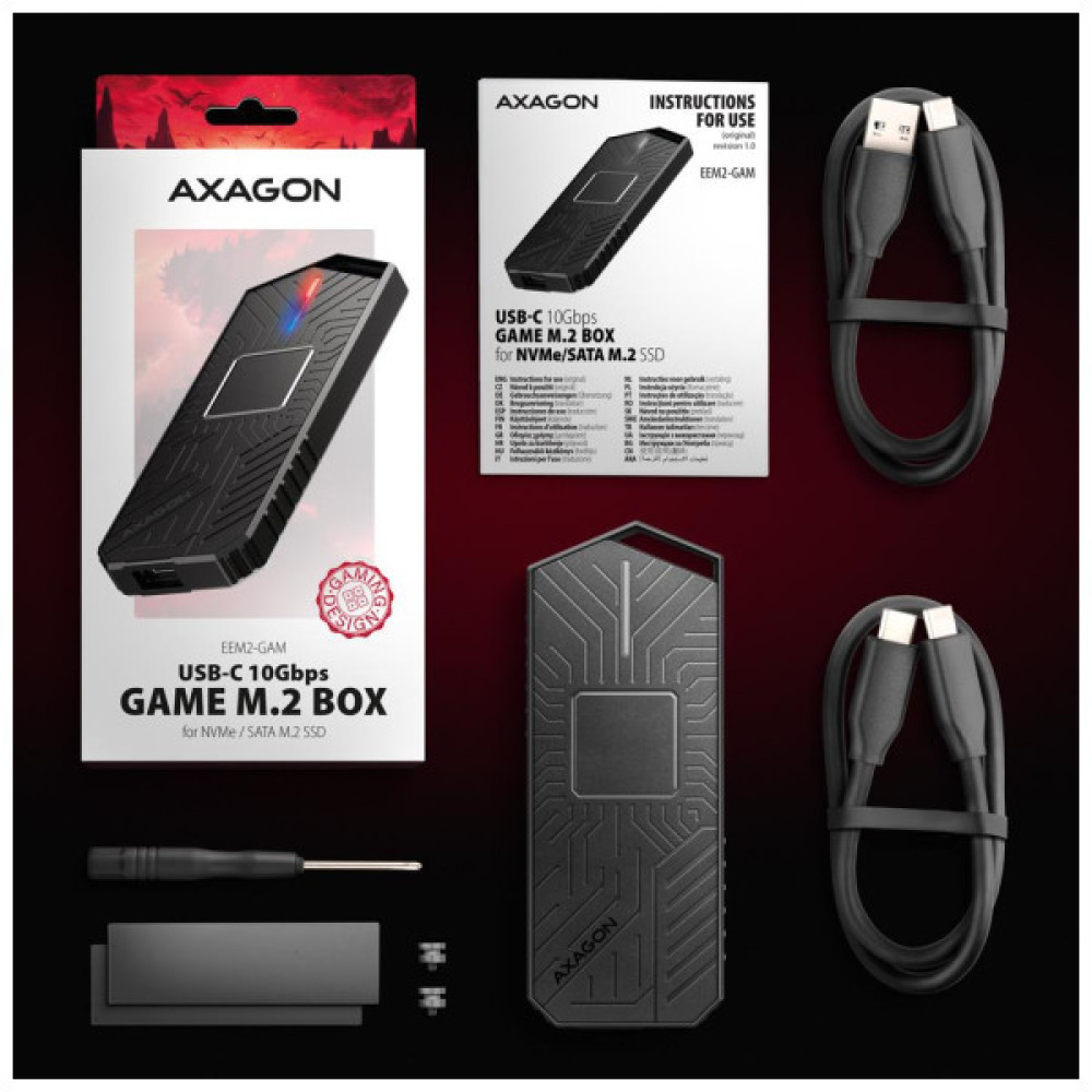 Кишеня зовнішня AXAGON USB-C 10Gbps metal box for M.2 NVMe & SATA SSD GAME (EEM2-GAM)