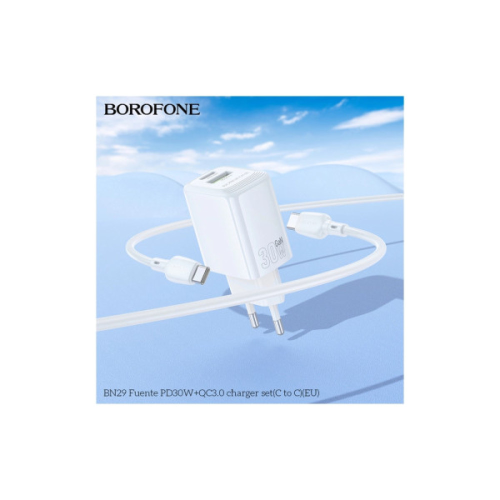 Зарядний пристрій BOROFONE BN29 Fuente 1xUSB-C PD30W + 1xUSB QC3.0 White (6941991120329)