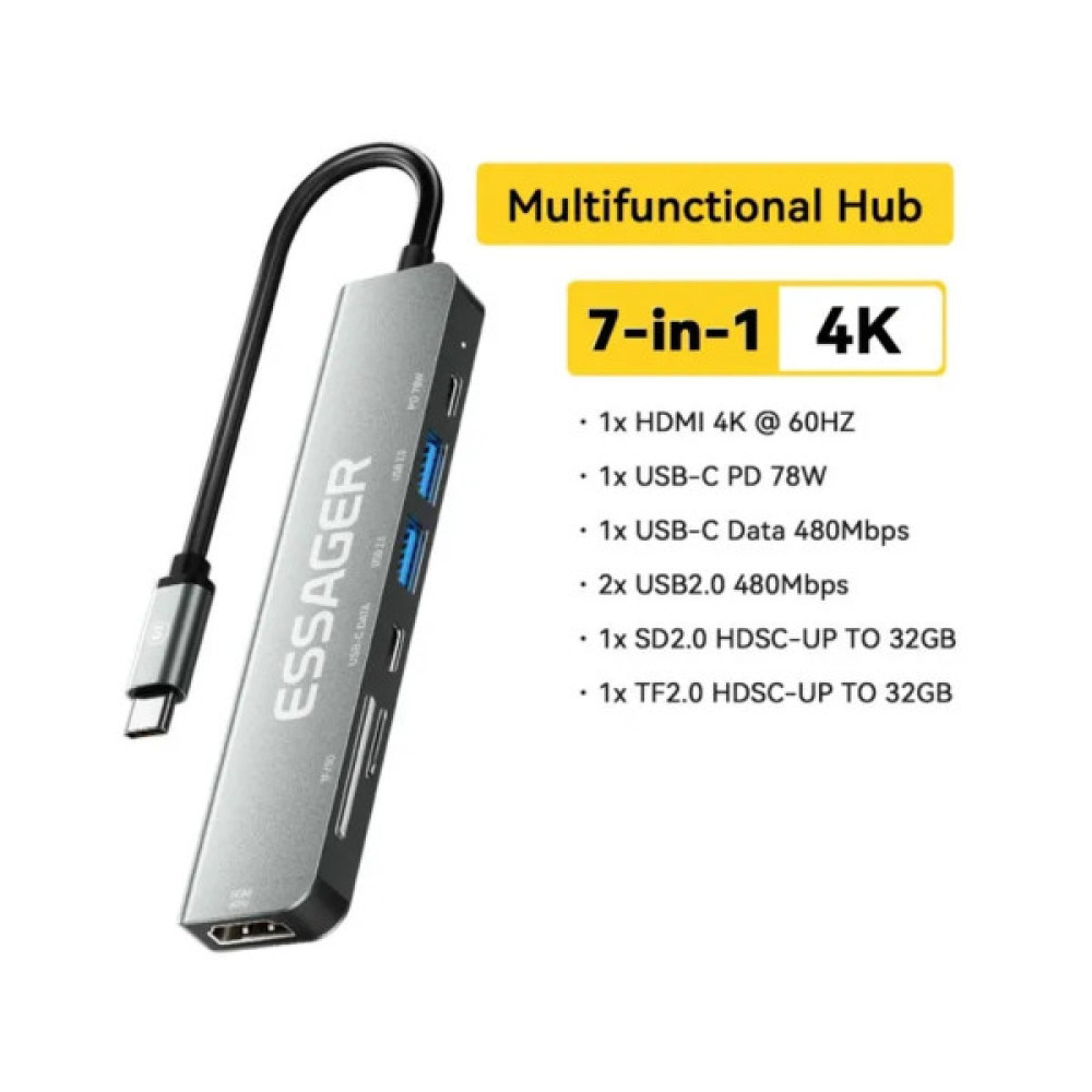 Концентратор Essager USB-C 7-in-1 HDMI + USB 3.2 + USB-C + SD/TF gray (EHB07-QH0G-Z)