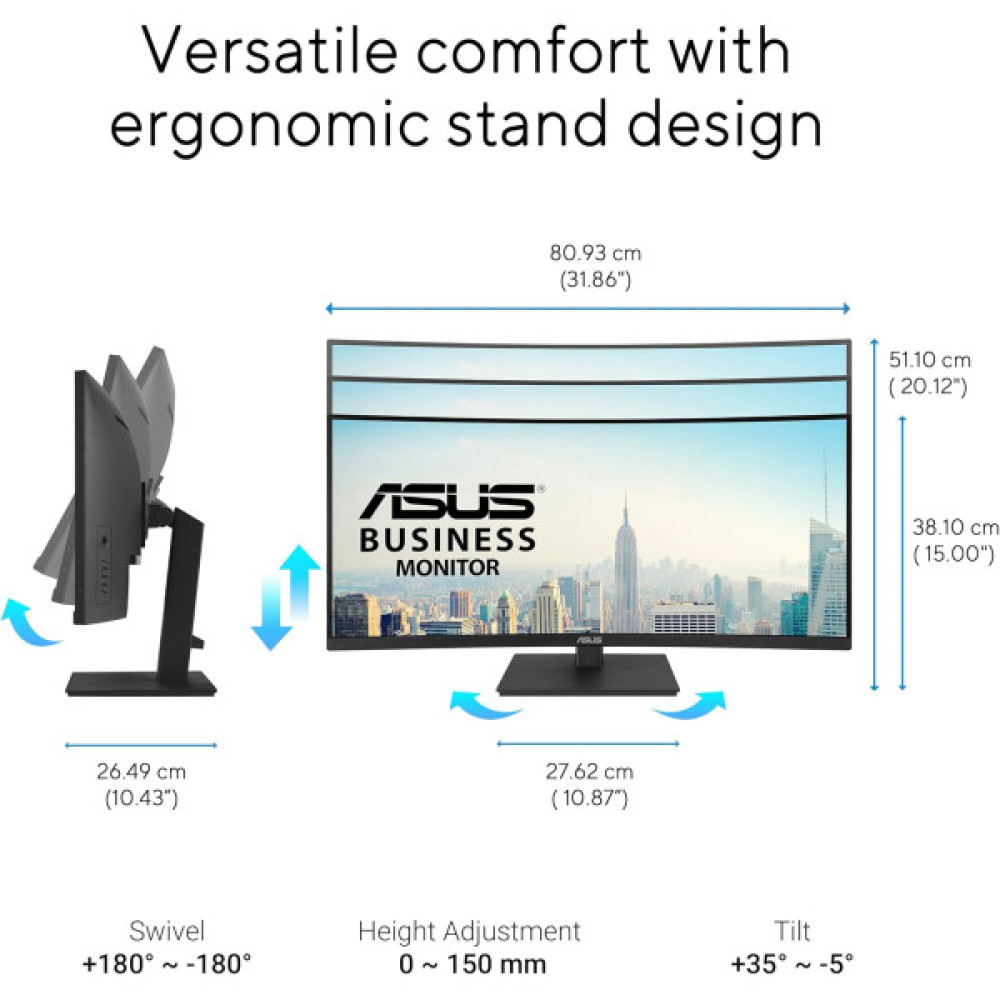 Монітор Asus 34" VA34VCPSR HDMI, DP, USB-C, 3xUSB, RJ-45, MM, VA, 3440x1440, 21:9, 100Hz, 4ms, CURVED, AdaptiveSync, HAS
