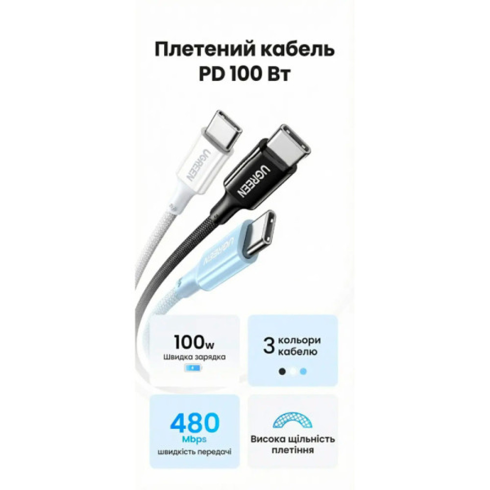 Дата кабель USB-C to USB-C 2.0m PD100W 5A braided L502 white Ugreen (35221)