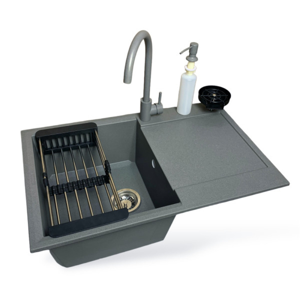 Набір кухонний Adamant Horizon, штучний камінь, прямокут., з крилом, 780х495х230мм, чаша - 1, врізна, сірий + змішувач та дозатор