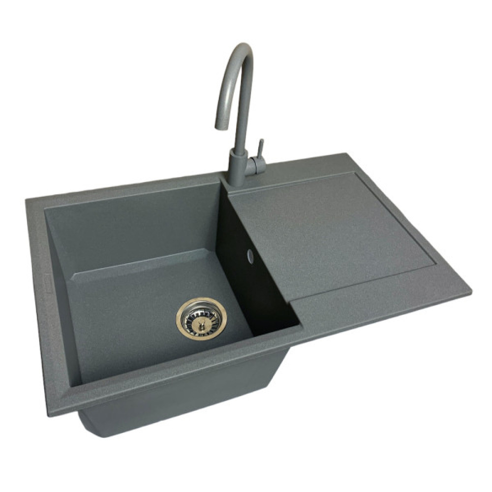 Набір кухонний Adamant Horizon, штучний камінь, прямокут., з крилом, 780х495х230мм, чаша - 1, врізна, сірий + змішувач та дозатор
