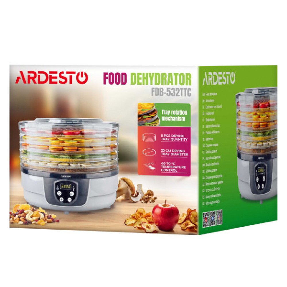 Сушарка для продуктів ARDESTO FDB-532TTC, 250Вт, піддонів -5x3см, діаметр-32см, макс-70°С, таймер, електр. управління, пластик , білий
