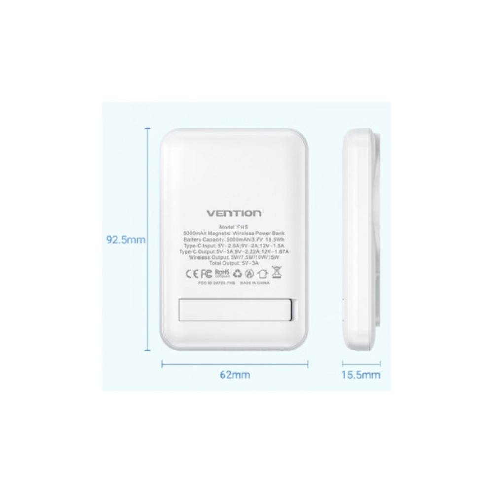 Батарея універсальна Vention Magnetic Wireless 5000mAh 20W 3A, PD USB-C, Light Indicator, White (FHSW0)