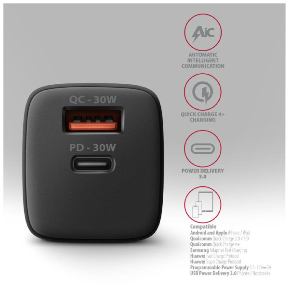 Зарядний пристрій AXAGON 1xUSB QC4.0 + 1xUSB-C PD30W PPS black (ACU-PQ30)