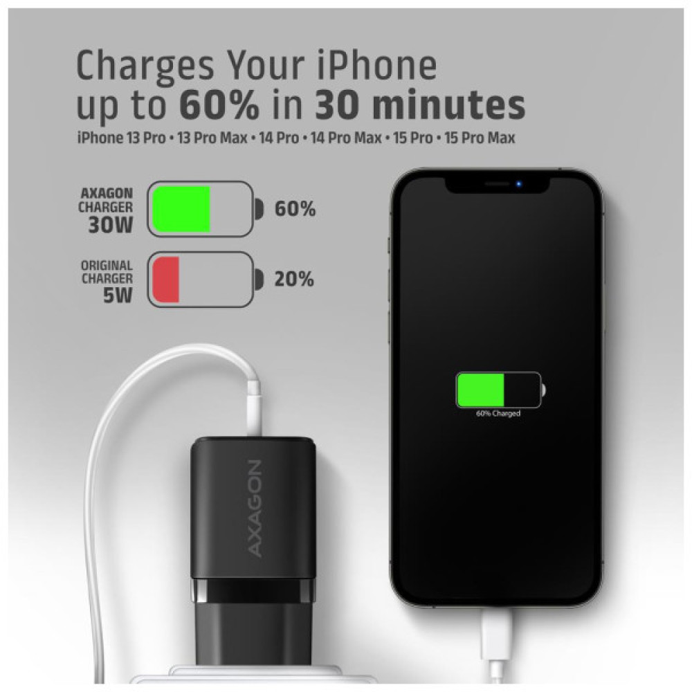 Зарядний пристрій AXAGON 1xUSB QC4.0 + 1xUSB-C PD30W PPS black (ACU-PQ30)
