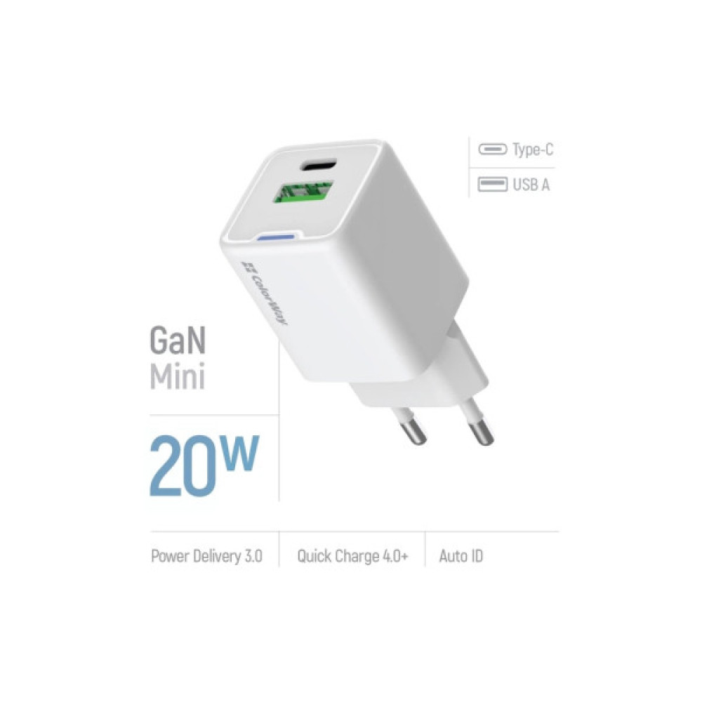 Зарядний пристрій ColorWay USB-C PD20W + 1xUSB QC4.0 white (CW-CHS062PD-WT)