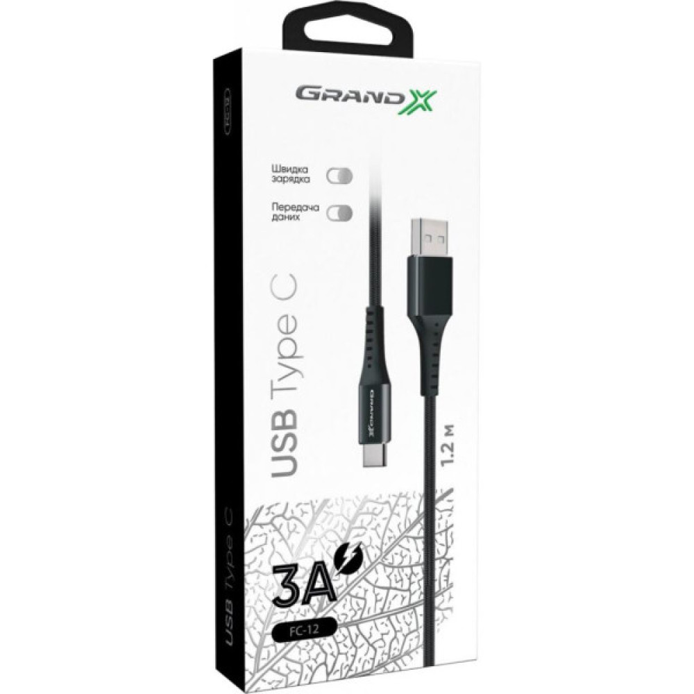 Дата кабель USB 2.0 AM to USB-C 1.2m Black Grand-X (FC-12B)