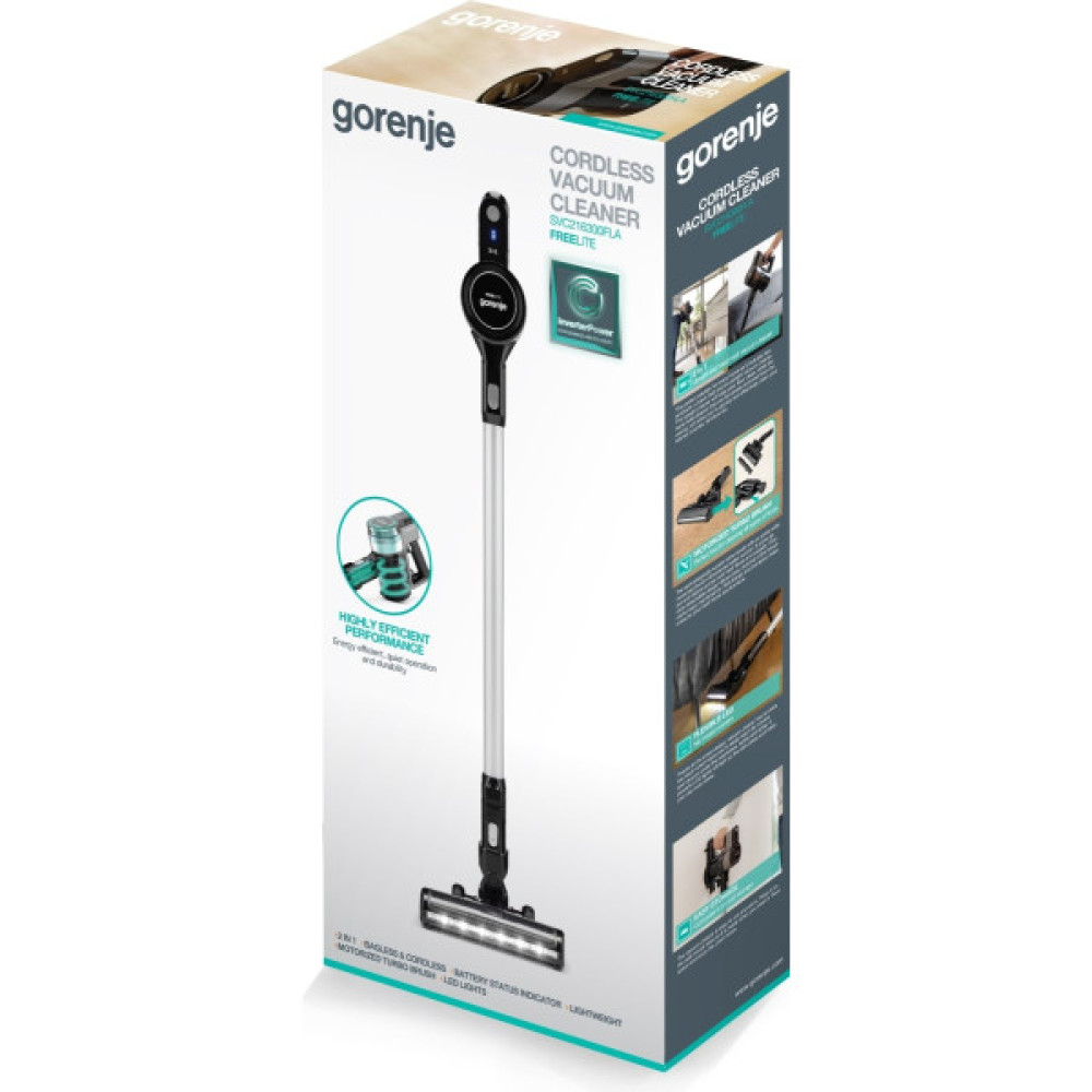 Пилосос Gorenje безпровідний, 132Вт, конт пил -0,5л, автон. робота до 25хв, вага-2,6кг, 2насадки, чорний