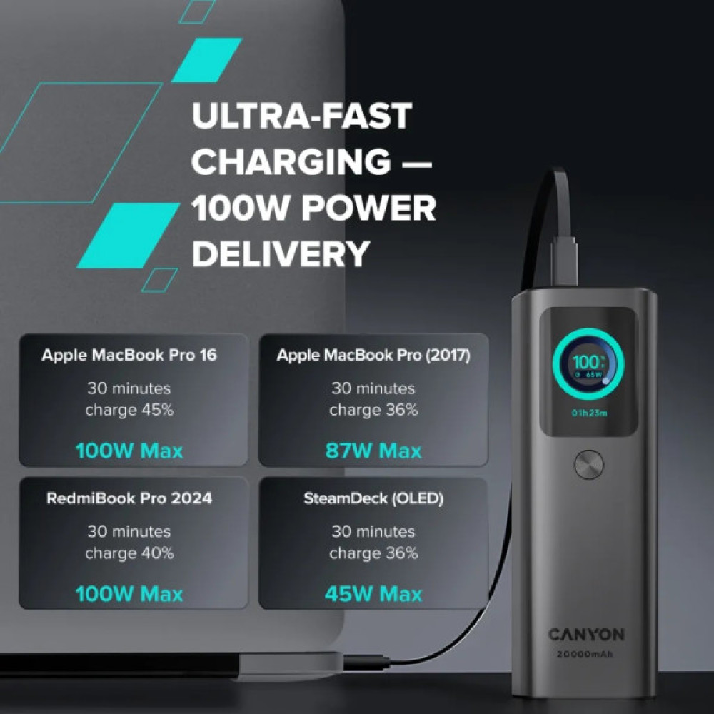 Батарея універсальна Canyon 20000mAh OnPower 265 PD/100W (CNS-CPB265DG)