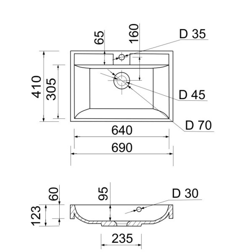Раковина, умивальник Adamant STRENG NEW, штучний камінь, прямокут., з отвором для змішувача, з отвором для переливу, 690x410x123мм, накладний, білий