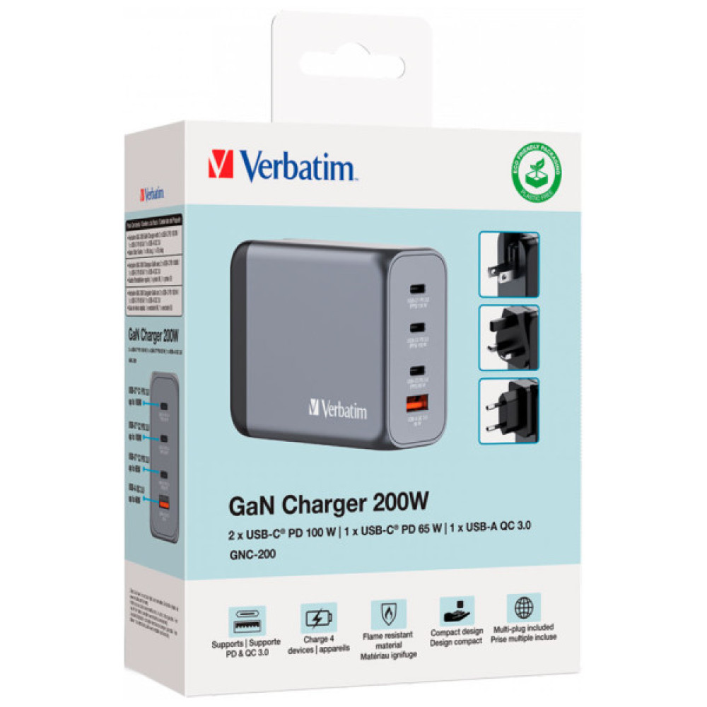 Зарядний пристрій Verbatim GaN 200 W 4 ports (2xUSB-C-100 W,USB-C-65 W /USB-A -3.0) (32204)