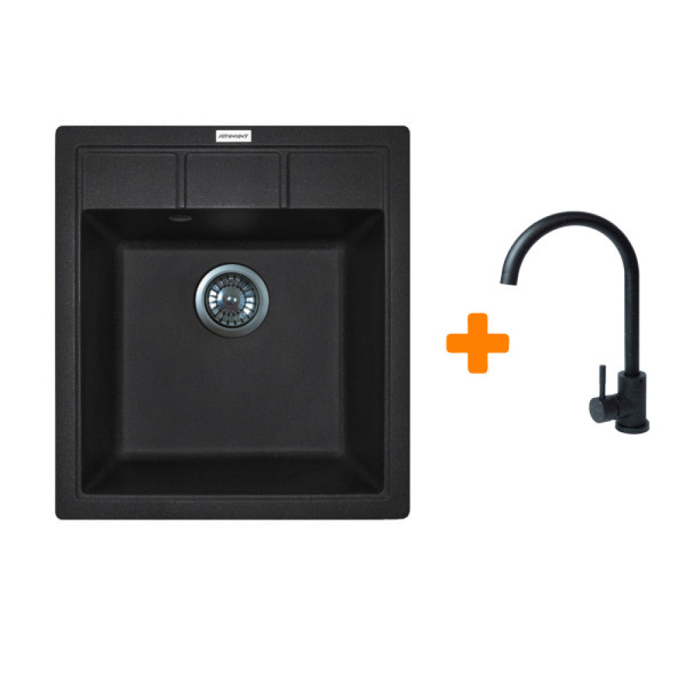 Набір кухонна Adamant Brick, штучний камінь, квадрат, без крила, 460x515x200мм, чаша - 1, врізна, чорний + змішувач