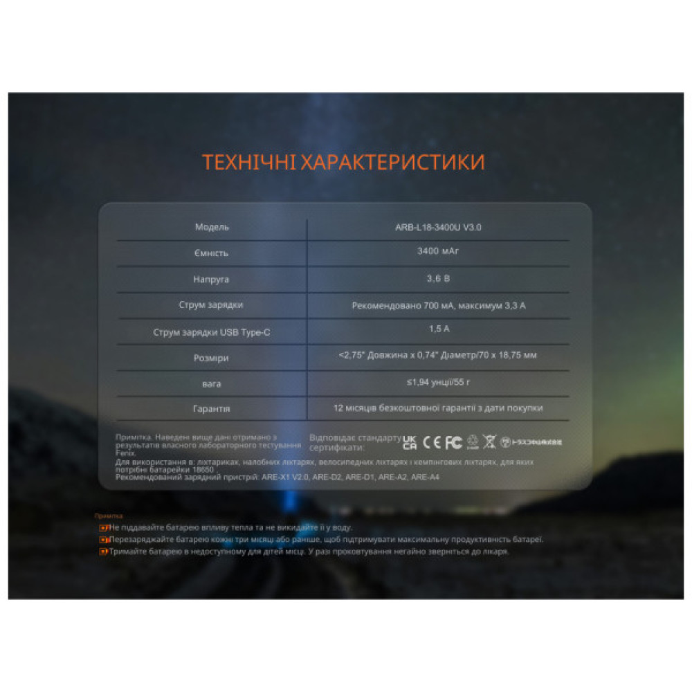 Акумулятор Fenix 18650 (3400 mAh) Type-C (ARB-L18-3400U-V30)