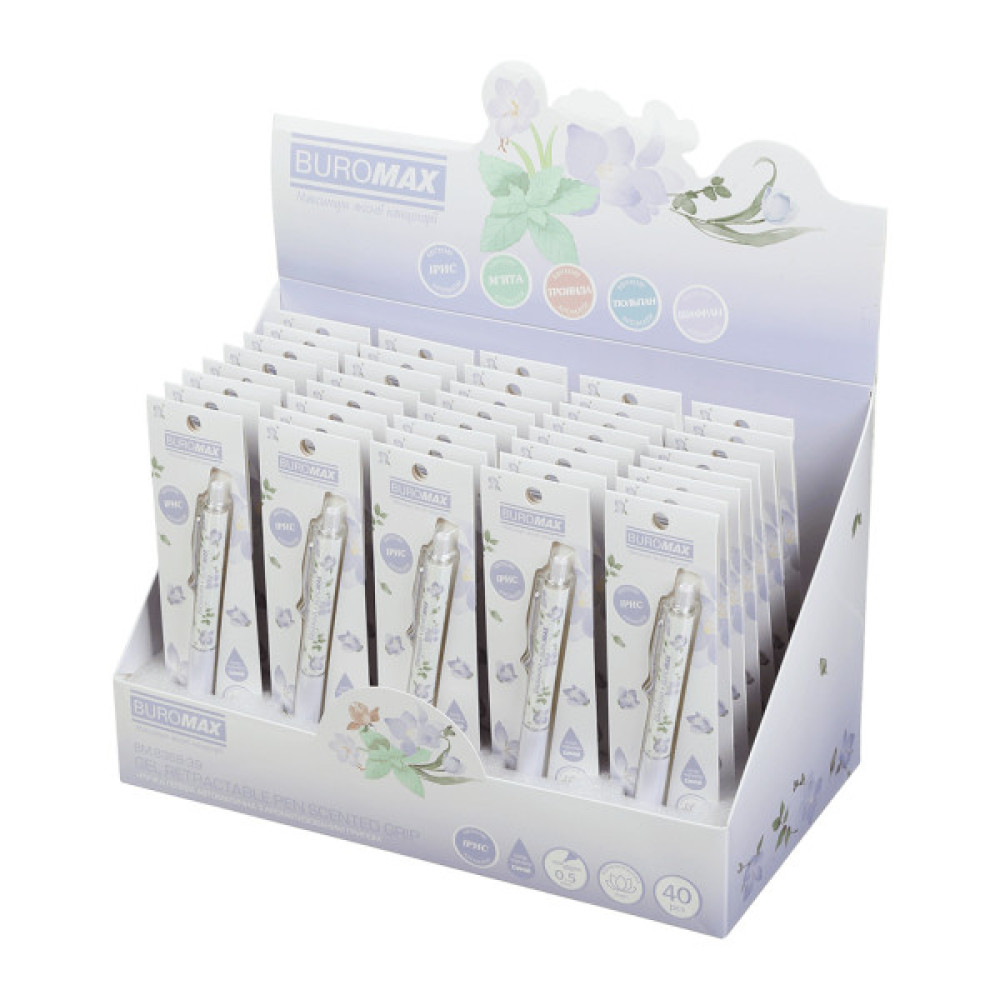 Ручка гелева Buromax автоматична BLOSSOM, 0.5 мм, ароматний грип, Ірис, сині чорнила, в блістері (BM.8368-39)
