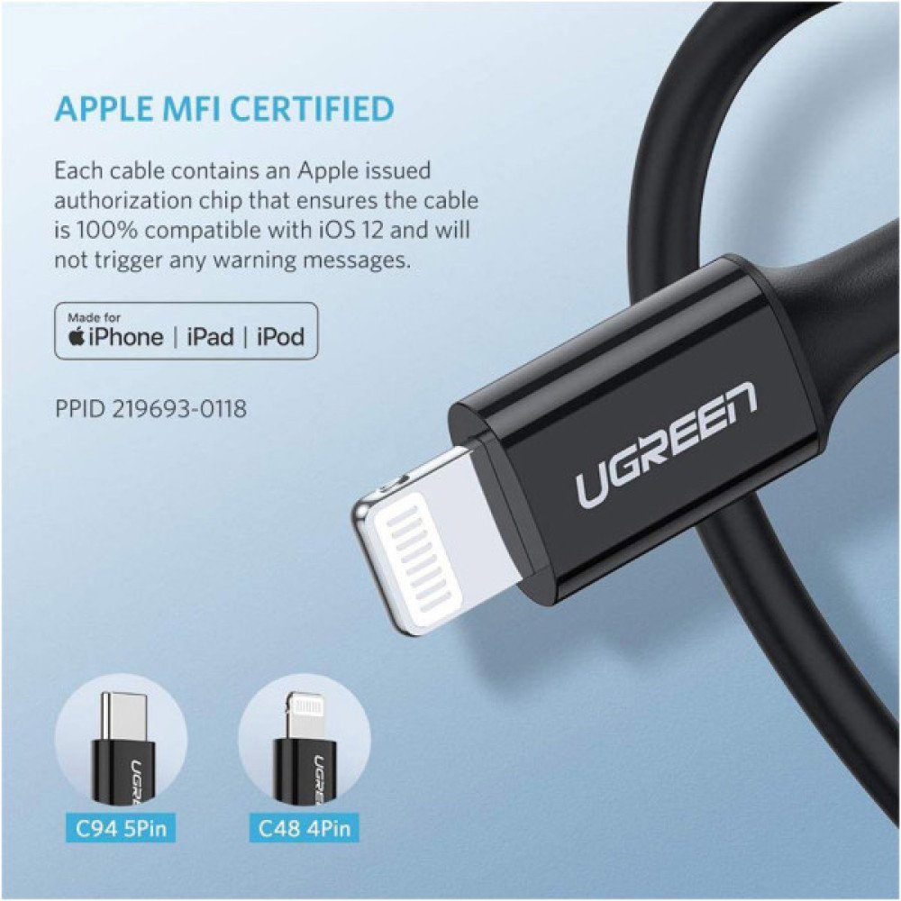 Дата кабель USB-C to Lightning 1.0m US1713A Nickel Plating ABS Shell Black UGREEN (60751)