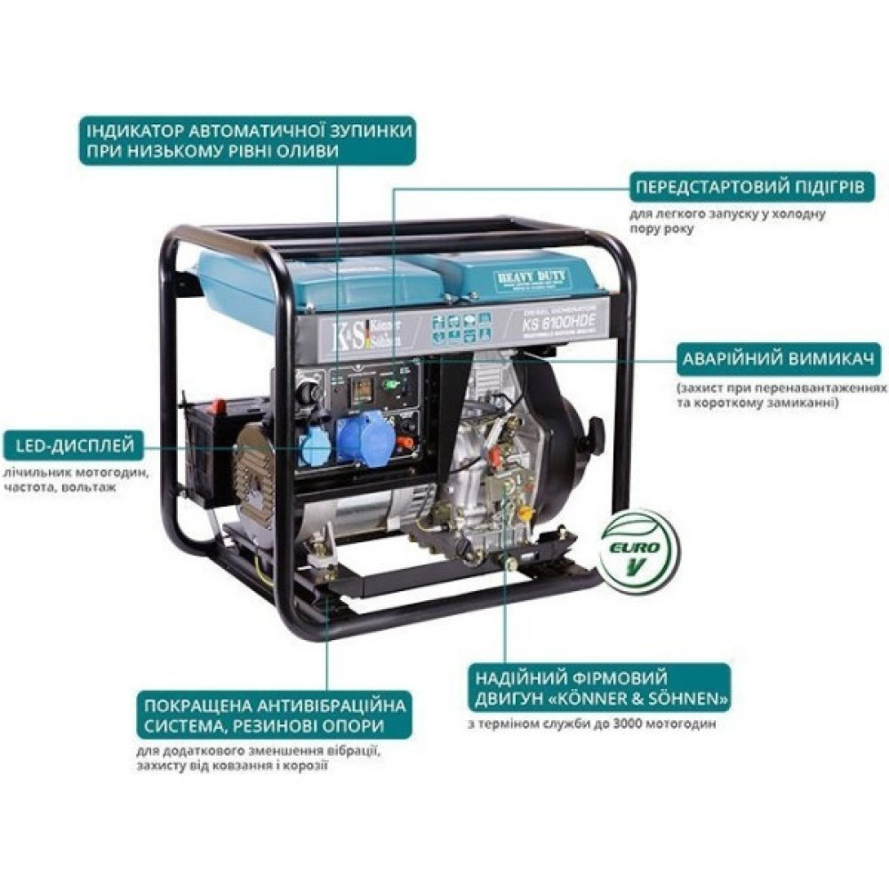 Генератор дизельний Konner&Sohnen KS 6100HDE (EURO V), 230В, 5.5/5.0кВт, електростартер, передстартовий підігрів, 107кг