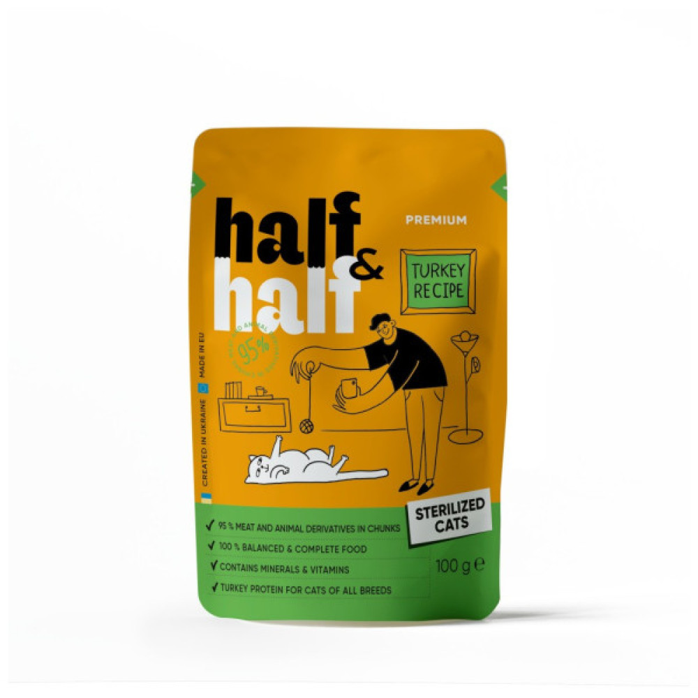 Вологий корм для кішок Half&Half для стерилізованих шматочки з індичкою в желе 100 г (4820261920895)