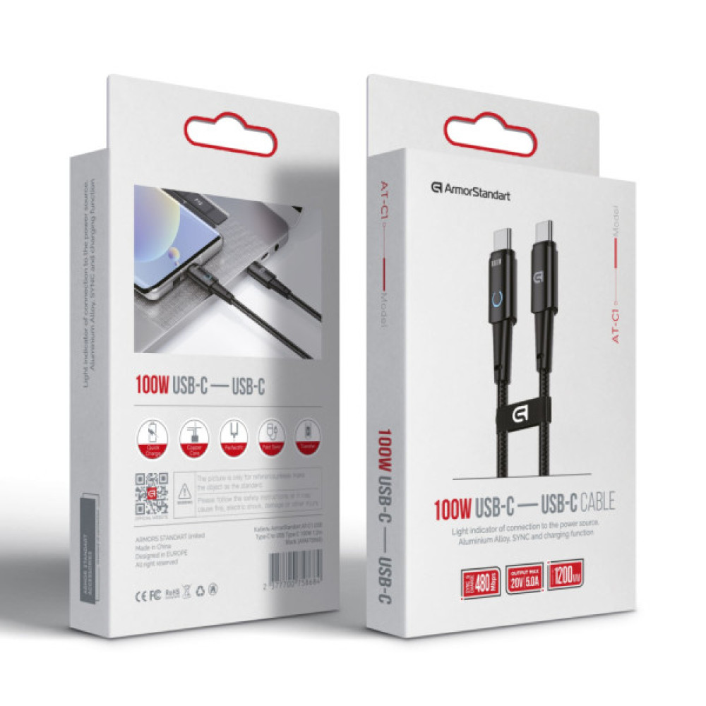 Дата кабель USB-C to USB-C 1.2m Magnetic 100W black Armorstandart (ARM75868)