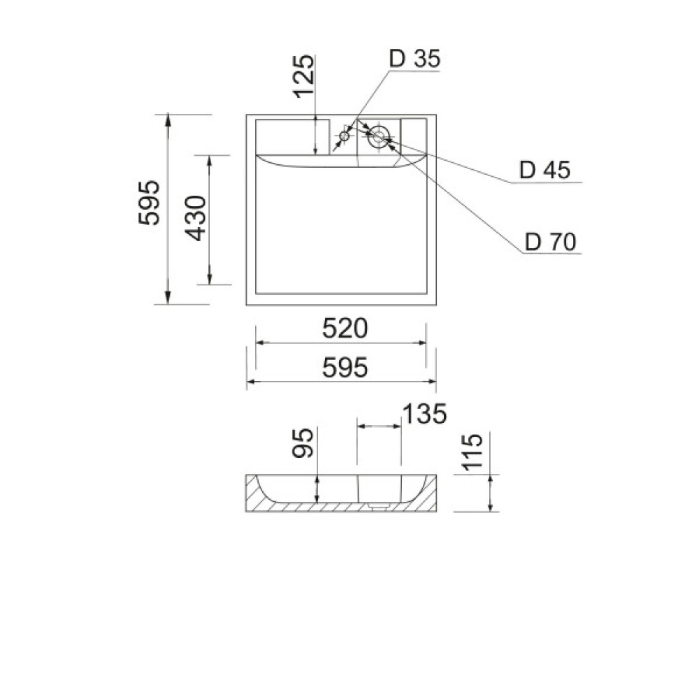 Раковина, умивальник Adamant WASHER NEW, штучний камінь, прямокут., з отвором для змішувача, без переливу, 595х595х115мм, накладний, чорно-білий