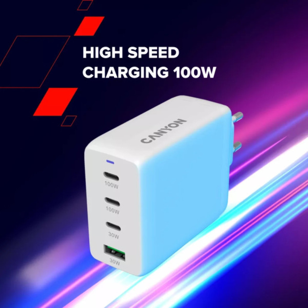 Зарядний пристрій Canyon CU100ACC GaN 100W 3xPD 1xQC EU White (CNS-CUW100ACC)