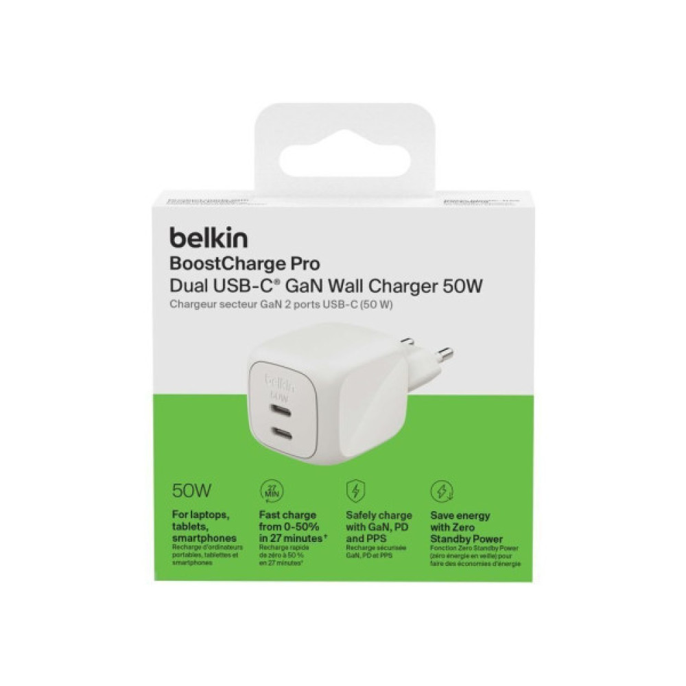 Зарядний пристрій Belkin 2xUSB-C PD50W GaN PPS white (WCH019KQWH)