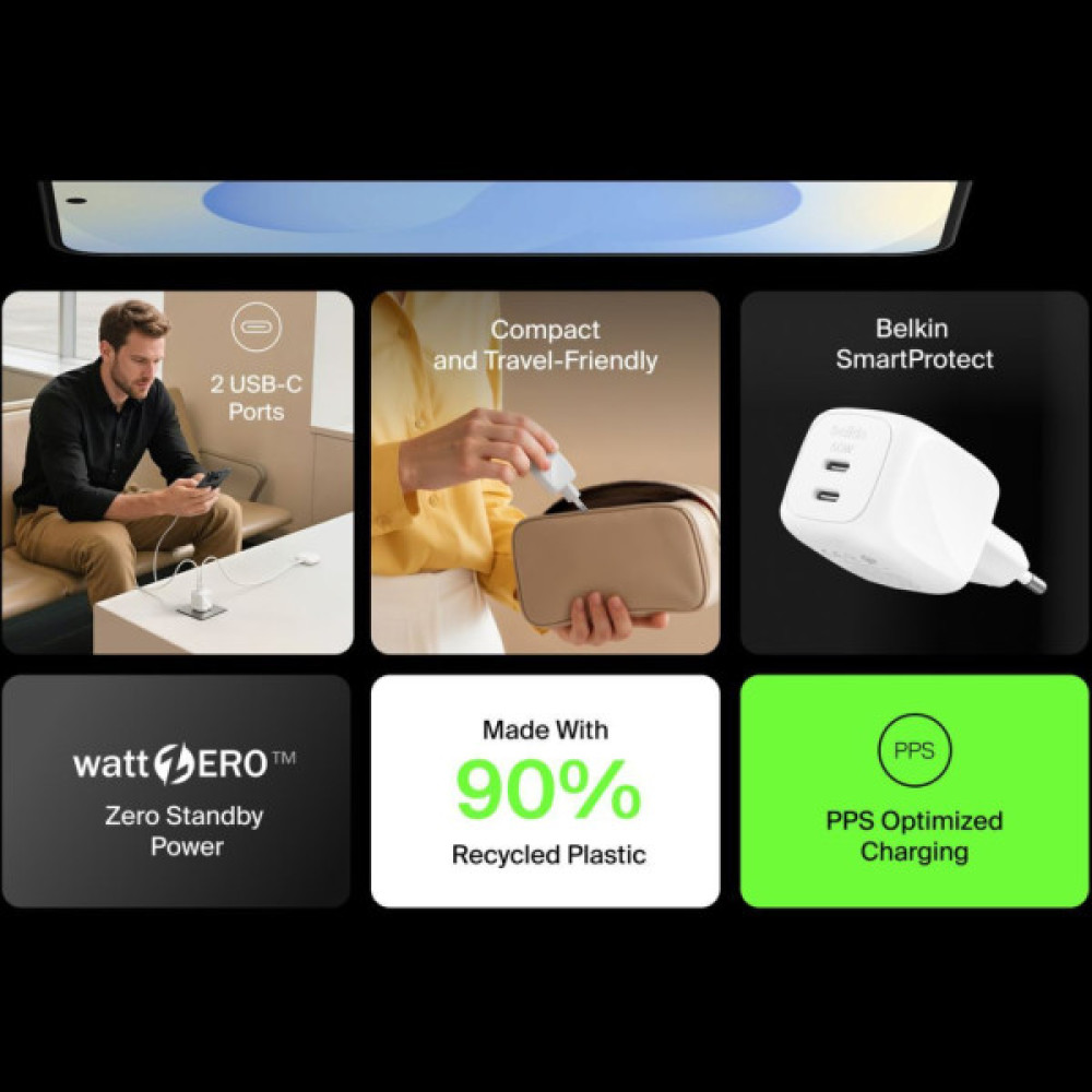 Зарядний пристрій Belkin 2xUSB-C PD50W GaN PPS white (WCH019KQWH)