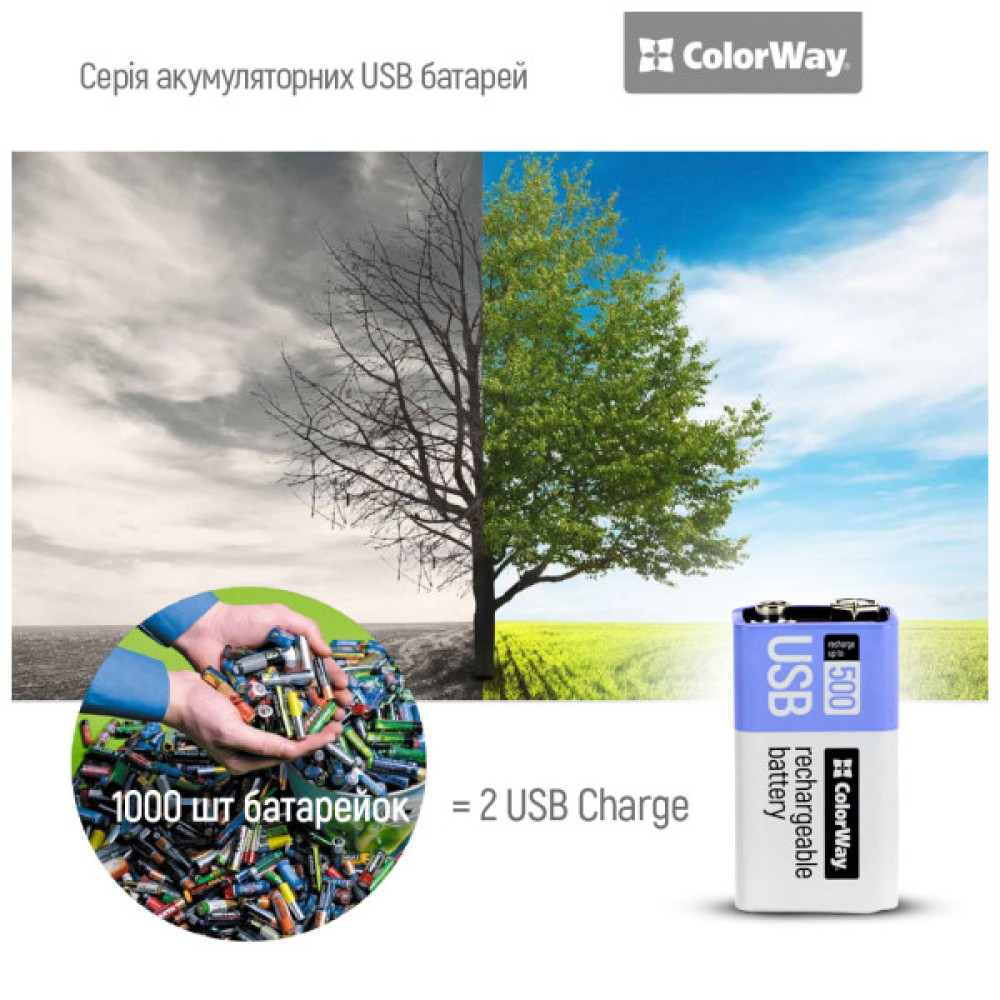 Акумулятор Крона USB-С 390 mAh 9V (Li-Polymer) ColorWay (CW-UB9V-06)