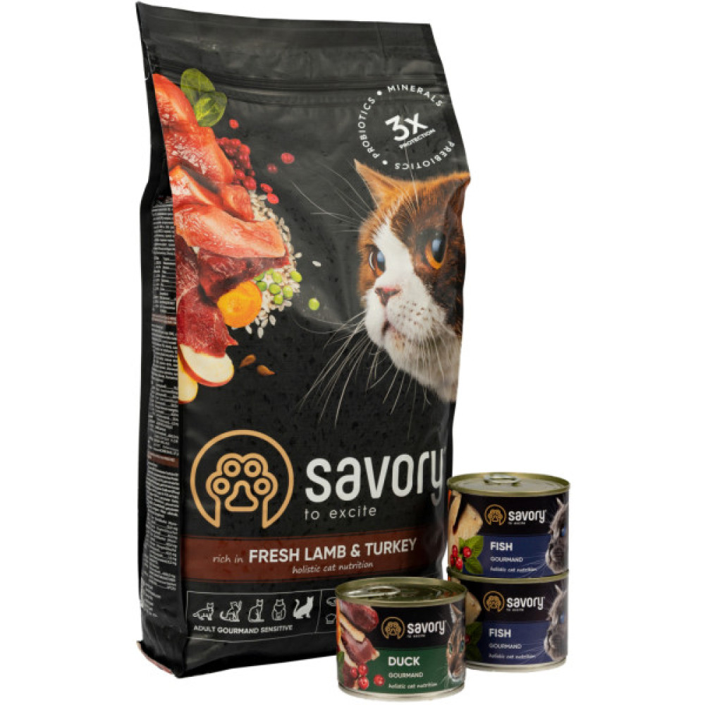 Сухий корм для кішок Savory Sensitive 2 кг (сухий корм) + 600 г (консерви) (2700000021286)