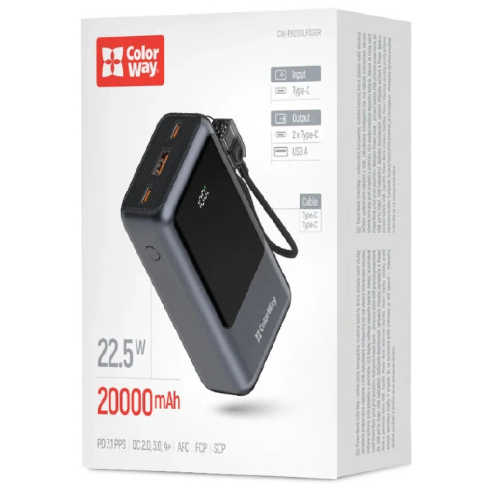 Батарея універсальна ColorWay 20 000 mAh Urban PD/22.5W, QC/4.0, Gray (CW-PB200LP03GR)