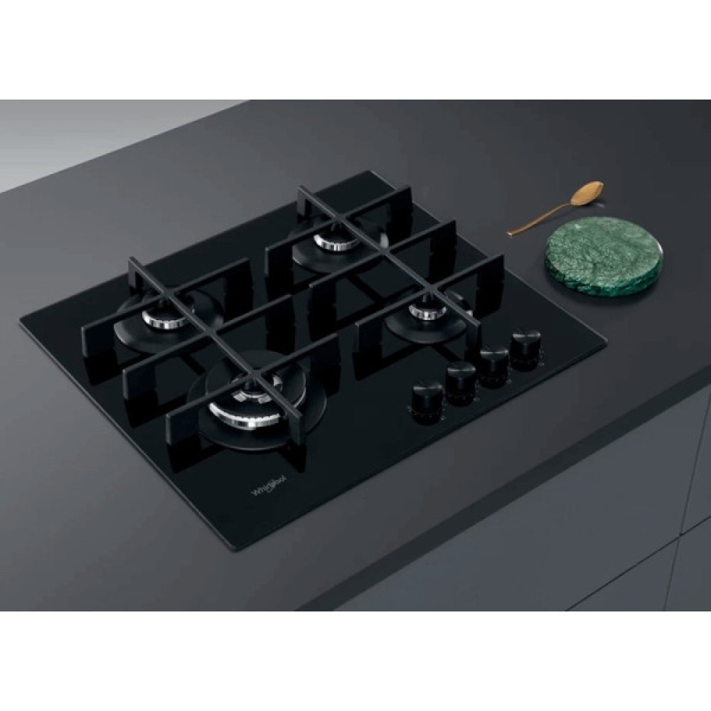 Варильна поверхня Whirlpool газова на склі, 60см, чавун, конфорка з подвійним рядом полум'я, чорний