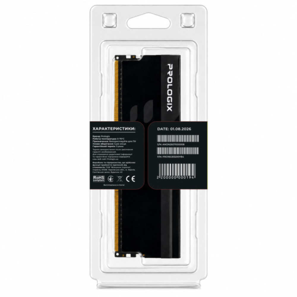 Модуль пам'яті для комп'ютера DDR4 16GB 3200 MHz Onyx Black Prologix (PRO16GB3200YB4)