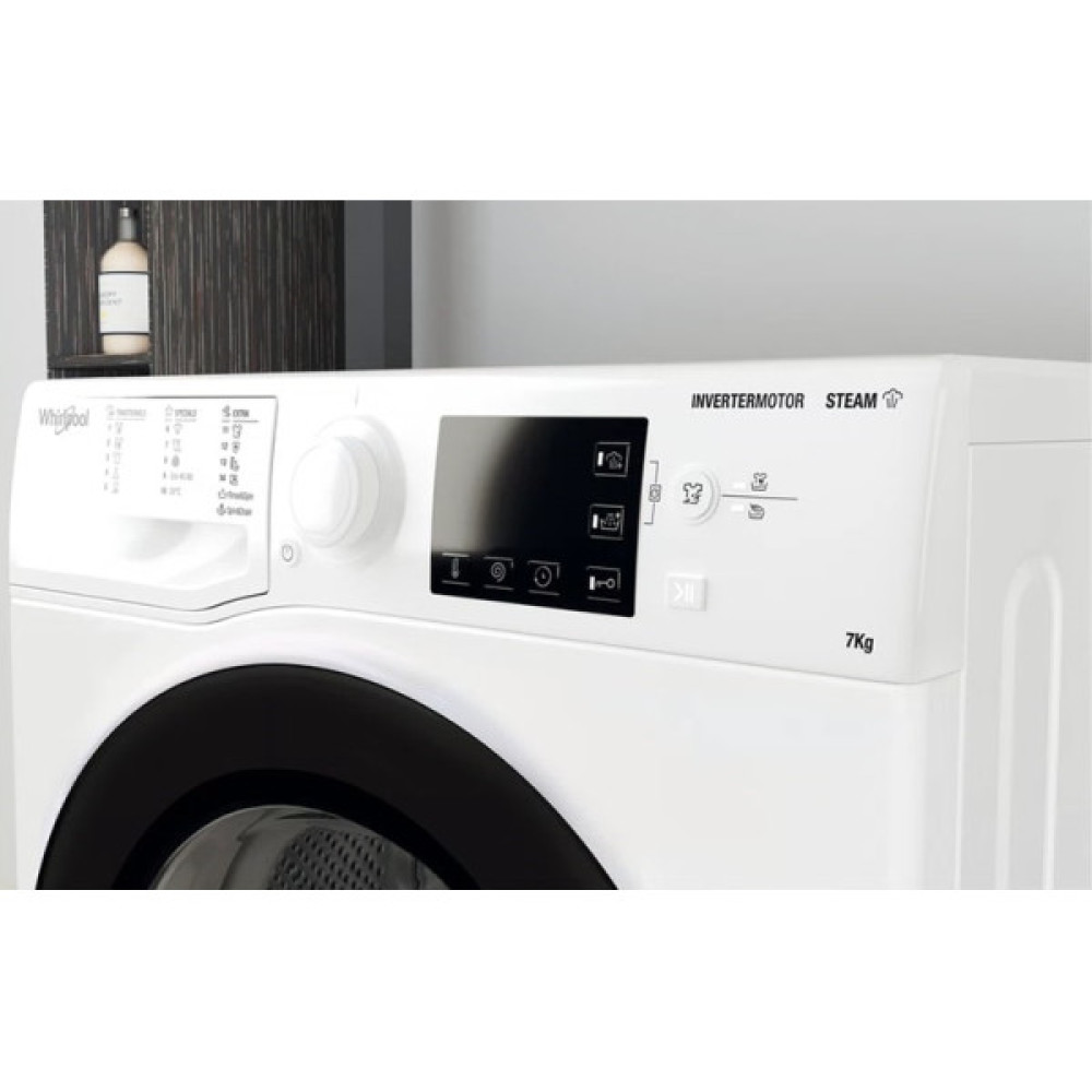 Пральна машина Whirlpool фронтальна, 7кг, 1200, A+++, 43.5см, дисплей, пара, інвертор, люк чорний, білий
