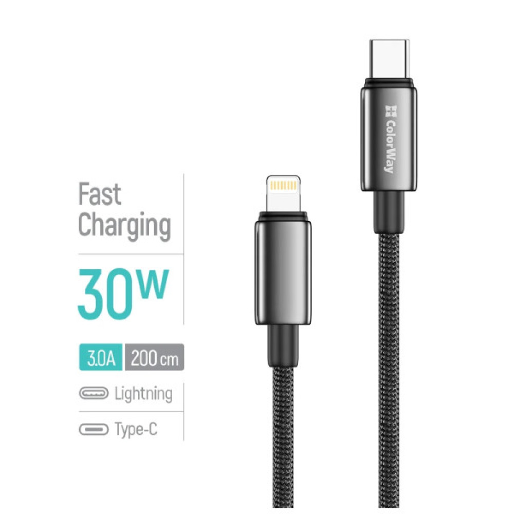 Дата кабель USB-C to Lightning 2.0m PD30W zinc alloy braided black ColorWay (CW-CBPDCL099-BK)
