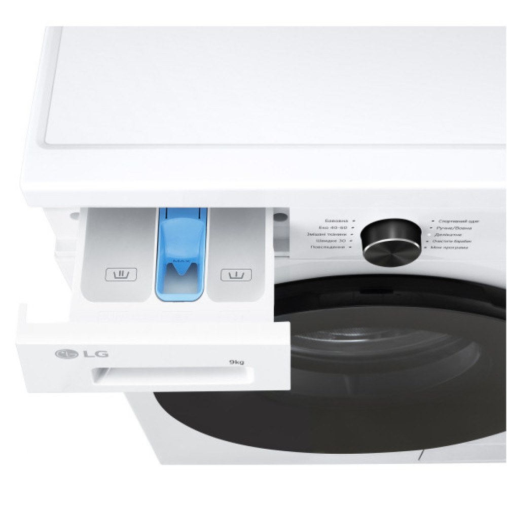 Пральна машина LG фронтальна, 9кг, 1400, A, 55см, дисплей, пара, інвертор, білий