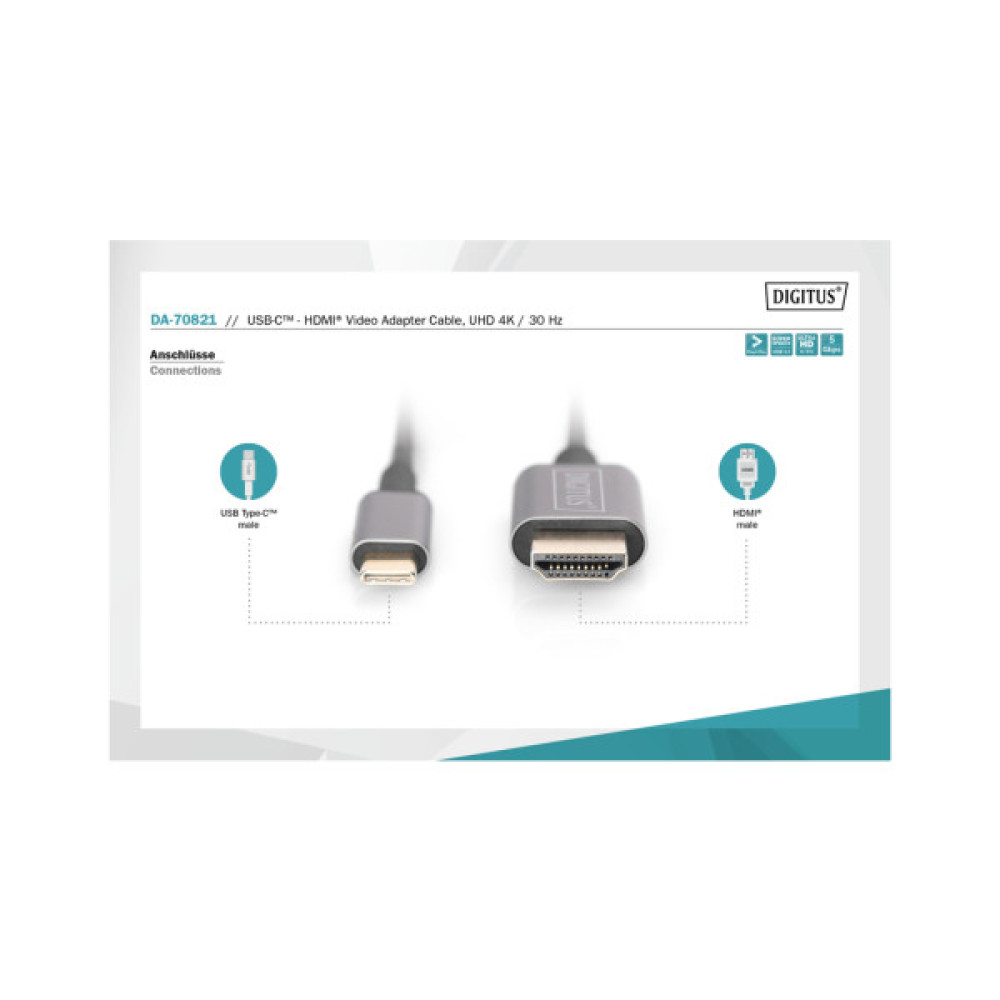 Кабель мультимедійний USB-C to HDMI M 1.8m UHD 4K Digitus (DA-70821)