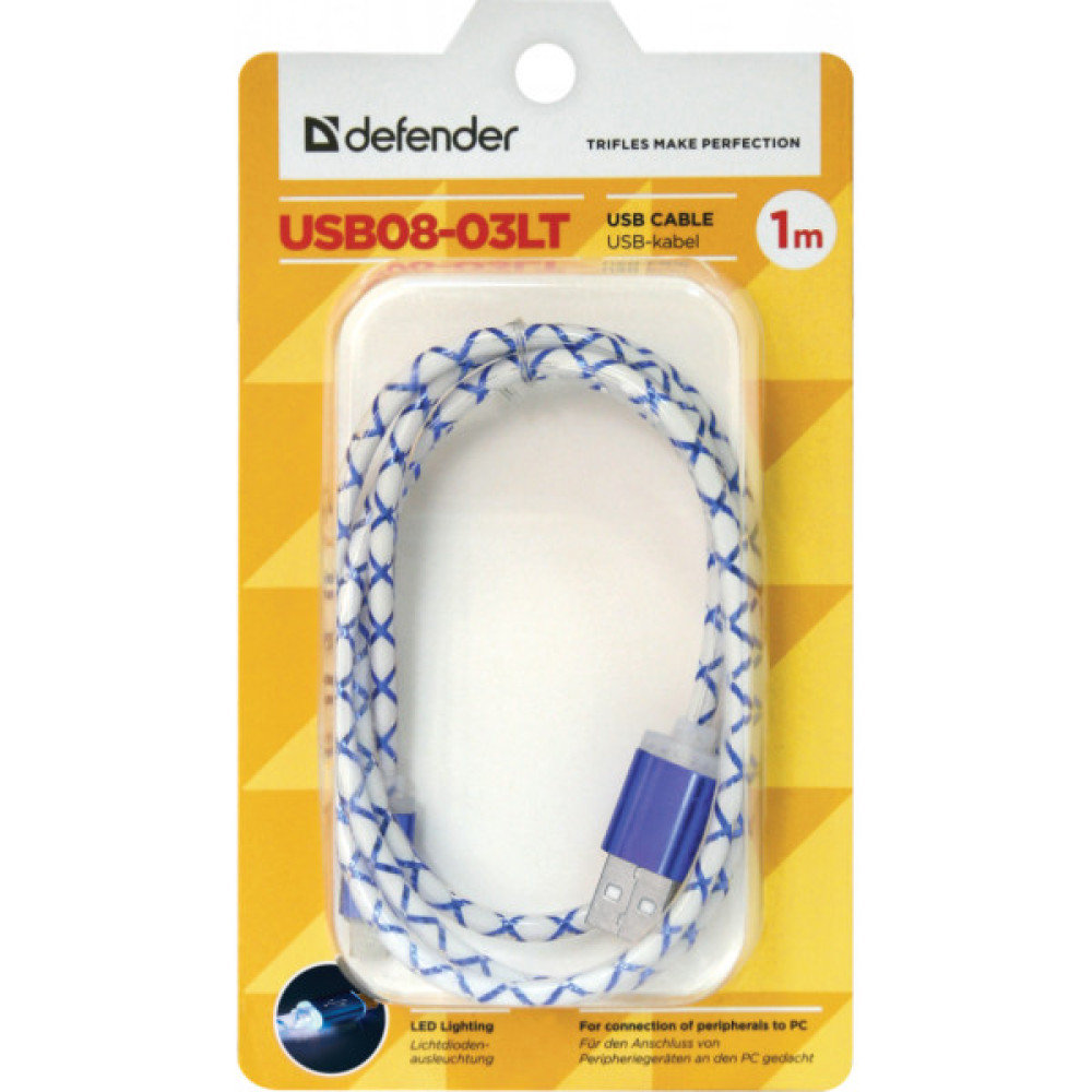 Дата кабель USB 2.0 AM to Micro 5P 1.0m BlueLED backlight Defender (87555)