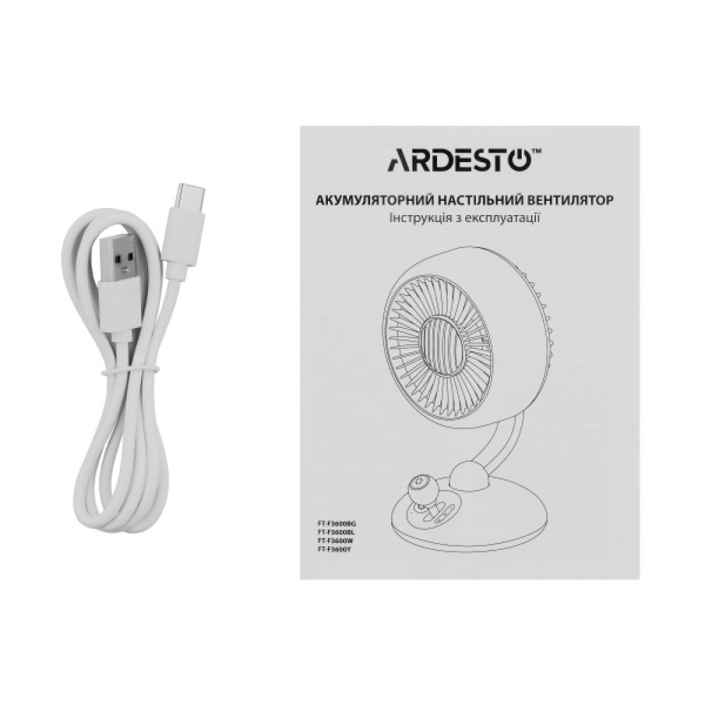 Вентилятор ARDESTO AviaFan FT-F3600BL настільний, 12см, акумулятор, підсвічування, USB-A Type-C, чорний