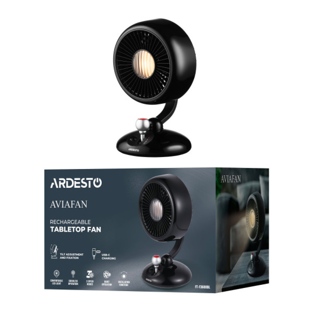 Вентилятор ARDESTO AviaFan FT-F3600BL настільний, 12см, акумулятор, підсвічування, USB-A Type-C, чорний