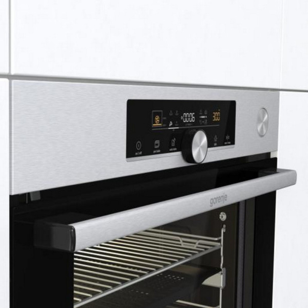 Духова шафа Gorenje електрична, 77л, A+, пара, дисплей, готування на різних рівнях, нерж