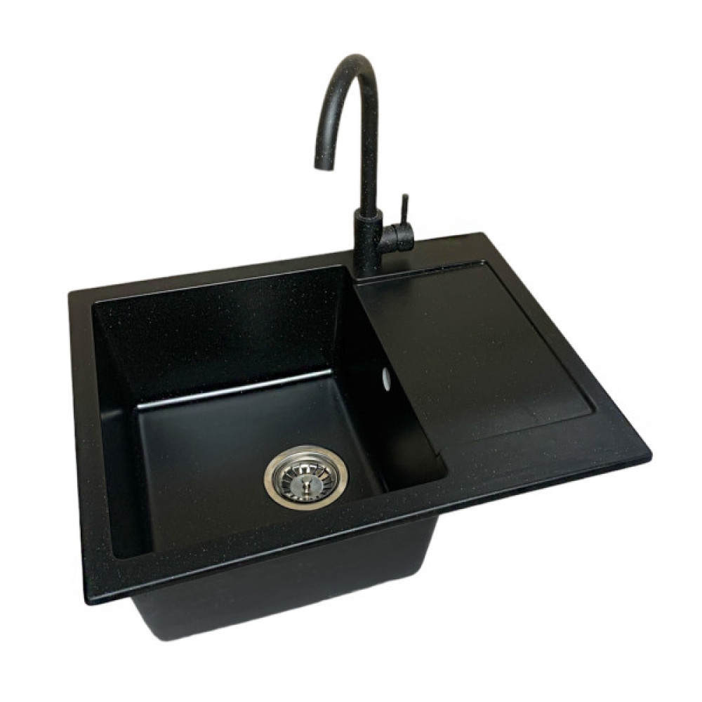 Набір кухонний Adamant Minimal, штучний камінь, прямокут., з крилом, 615х495х200мм, чаша - 1, врізна, чорний + змішувач + дозатор + ополіскувач склянок + коландер