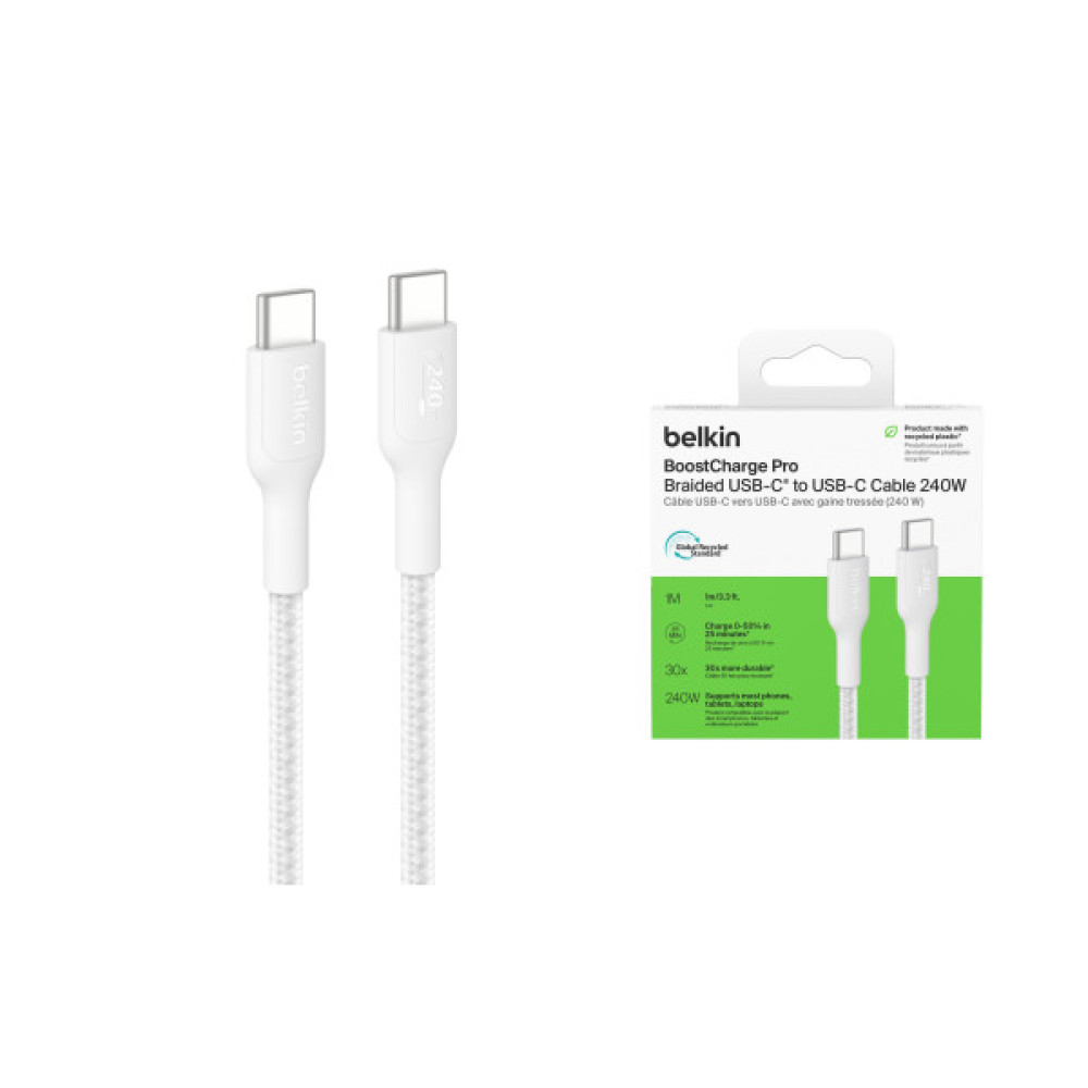Кабель USB-C > USB-C заряджання/синхронізації Belkin 1м, 240Вт, Type-C, плетений, білий