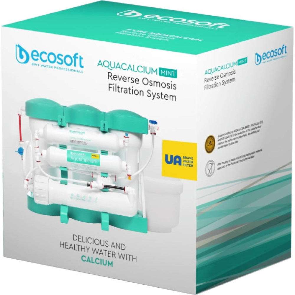 Фільтр зворотного осмосу Ecosoft P’URE AQUACALCIUM Mint, мембрана 75gpd DuPont, картридж AquaCalcium збагачує мінералами, дренаж 1:1